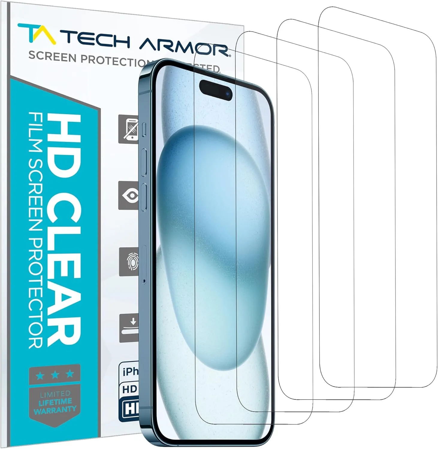 Tech Armor Screen Protector for iPhone 15 6.1 inch - HD Clear Film, Ultimate Display Protection, Crystal Clear Clarity, Easy Installation, Premium Quality, 4 Pack