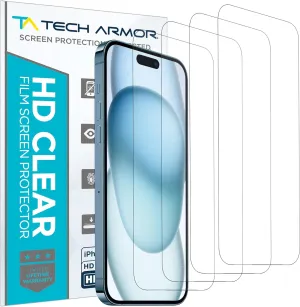 Tech Armor Screen Protector for iPhone 15 6.1 inch - HD Clear Film, Ultimate Display Protection, Crystal Clear Clarity, Easy Installation, Premium Quality, 4 Pack