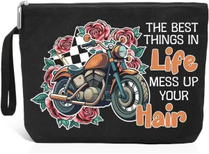 The Best Things In Life Mess Up Your Hair Makeup Bag, Funny Floral Motorcycle Cosmetic Bag for Women Sister, Motorcycle Gifts for Friend Bestie, Christmas Birthday Gifts for Daughter Car Lover