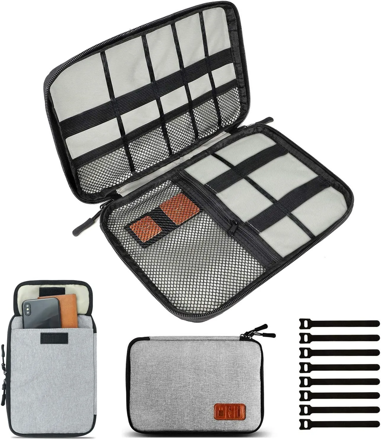 Travel Cable Organizer Bag, Small Electronics Accessories Carry Cases Portable Cord Organizer Bag for Cable, Charger, Phone, USB, SD Card,with 8pcs Cable Ties