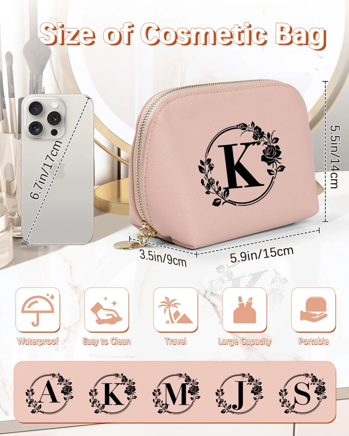 Travel Makeup Bag, Small Capacity Cosmetic Bags for Women Girls, Leather Zipper Waterproof Portable Pouch Open Flat Toiletry Bag, Birthday Gift For Daughter, Preppy Things For Girls (Pink K)