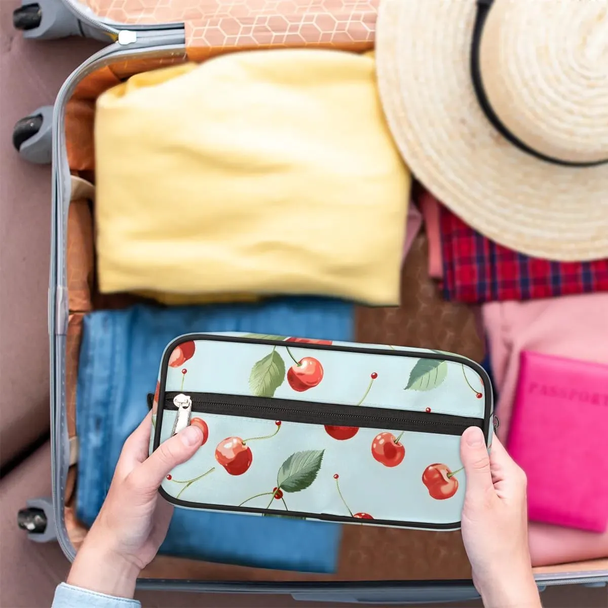 Travel Toiletry Bag for Women Men Cute Cherry Hanging Cosmetic Bag Waterproof Makeup Bag for Shaving Makeup Toothbrush & Travel Essentials