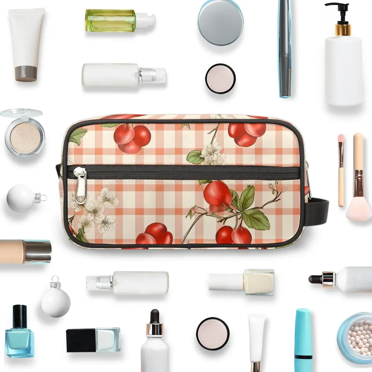 Travel Toiletry Bag for Women Men Plaid Cherry Hanging Cosmetic Bag Waterproof Makeup Bag for Shaving Makeup Toothbrush & Travel Essentials