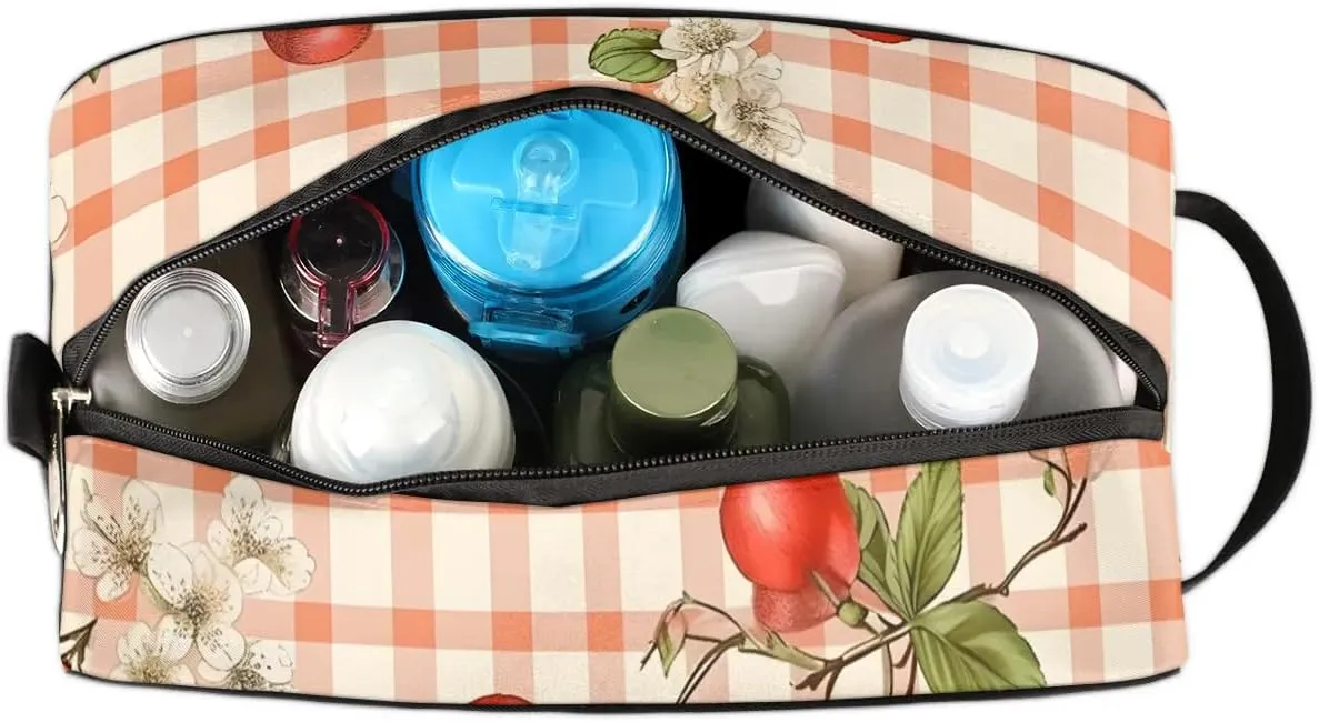 Travel Toiletry Bag for Women Men Plaid Cherry Hanging Cosmetic Bag Waterproof Makeup Bag for Shaving Makeup Toothbrush & Travel Essentials