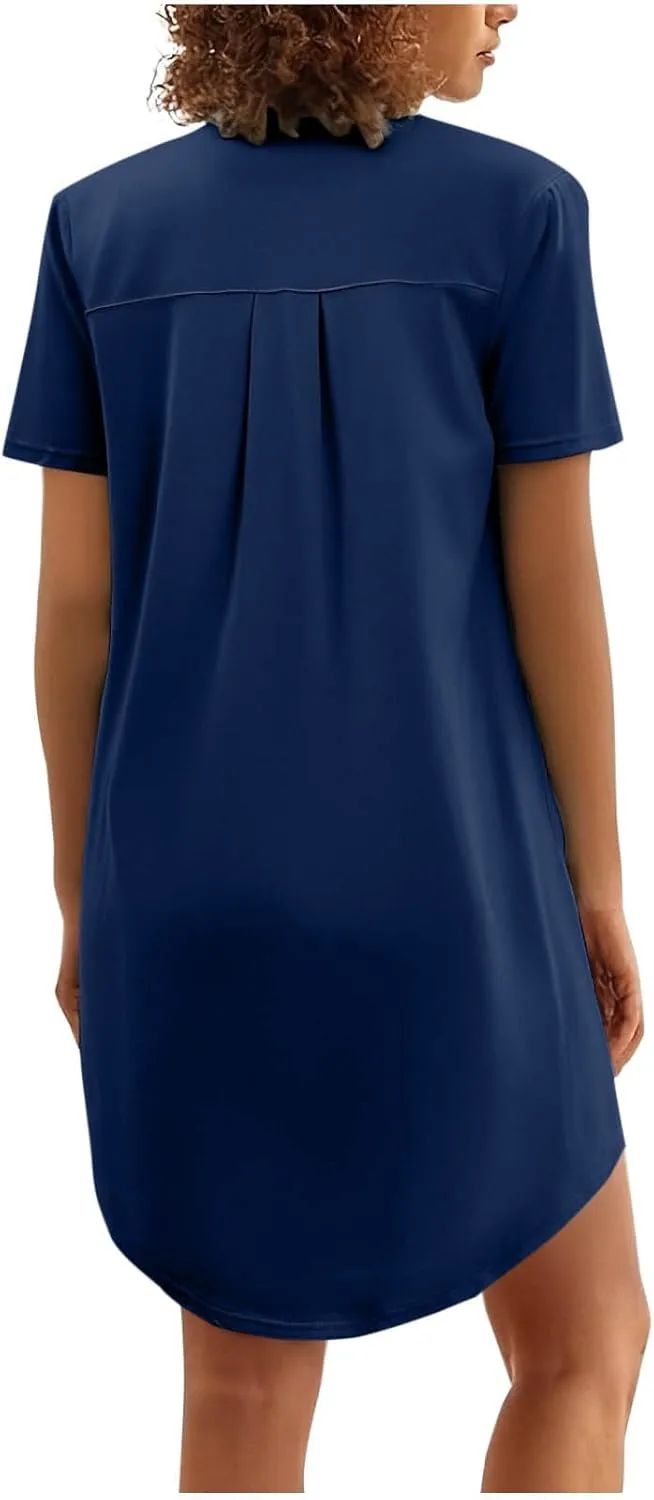 Tunic Dress for Women Button Down V Neck Short Sleeve Dresses Lounge Classic Pure T-Shirts Dress Outfits