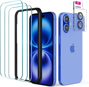 UARMOR Glass 3 Pack Screen Protector & 1 Pack Camera Lens Protector for iPhone 16 (6.1 Inch) 9H Tempered Glass with Easy Installation Kits (Clear)