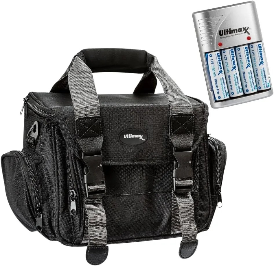 Ultimaxx Medium Padded Gadget Bag & 4-Port Charger Bundle for Sony, Nikon, Canon, Olympus Cameras. Includes 4 AA 3150mAh Ni-MH Rechargeable Batteries for long-lasting power on the go.