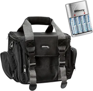 Ultimaxx Medium Padded Gadget Bag & 4-Port Charger Bundle for Sony, Nikon, Canon, Olympus Cameras. Includes 4 AA 3150mAh Ni-MH Rechargeable Batteries for long-lasting power on the go.