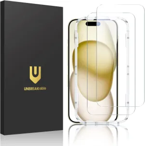 UNBREAKcable 2-Pack Screen Protector for iPhone 16 / iPhone 15, Double Shatterproof Tempered Glass [Easy Installation] [9H Hardness] [99.99% HD Clear] [Case Friendly] for iPhone 6.1 inch