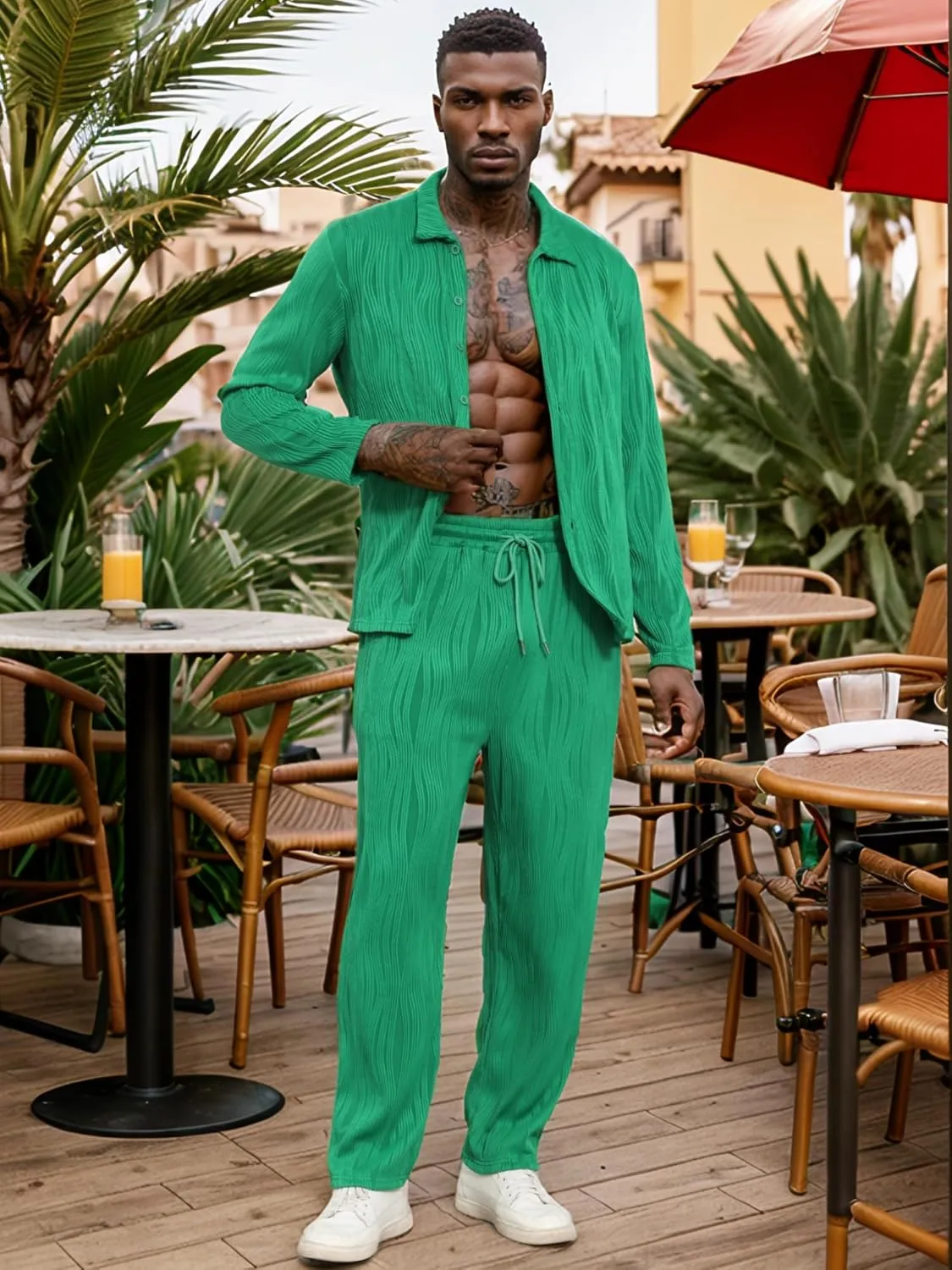 UOUA Mens 2 Piece Outfits Casual Long Sleeve Button Down Shirt & Pants Sets Beach Summer Loose Pant Suits Tracksuits