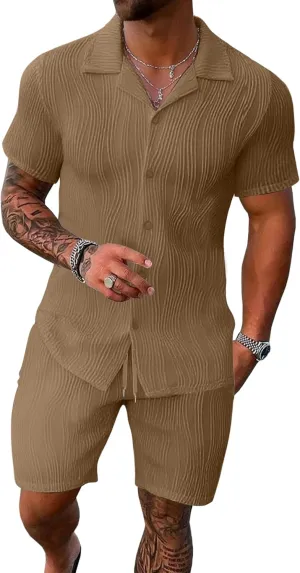UOUA Summer Outfits for Men 2 Piece Short Sleeve Button Down Shirt & Shorts Set Casual Vacation Beach Tracksuit