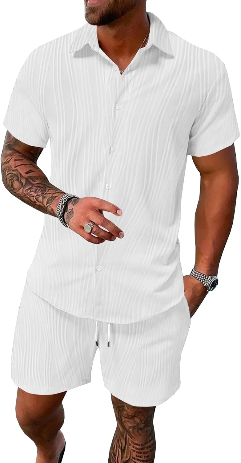 UOUA Summer Outfits for Men 2 Piece Short Sleeve Button Down Shirt & Shorts Set Casual Vacation Beach Tracksuit