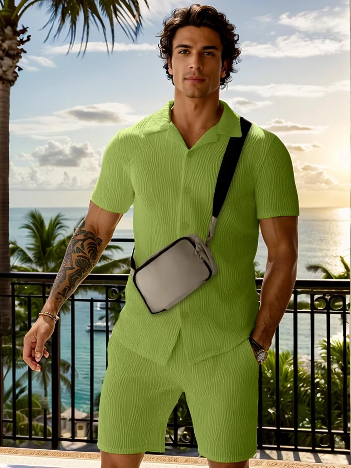 UOUA Summer Outfits for Men 2 Piece Short Sleeve Button Down Shirt & Shorts Set Casual Vacation Beach Tracksuit