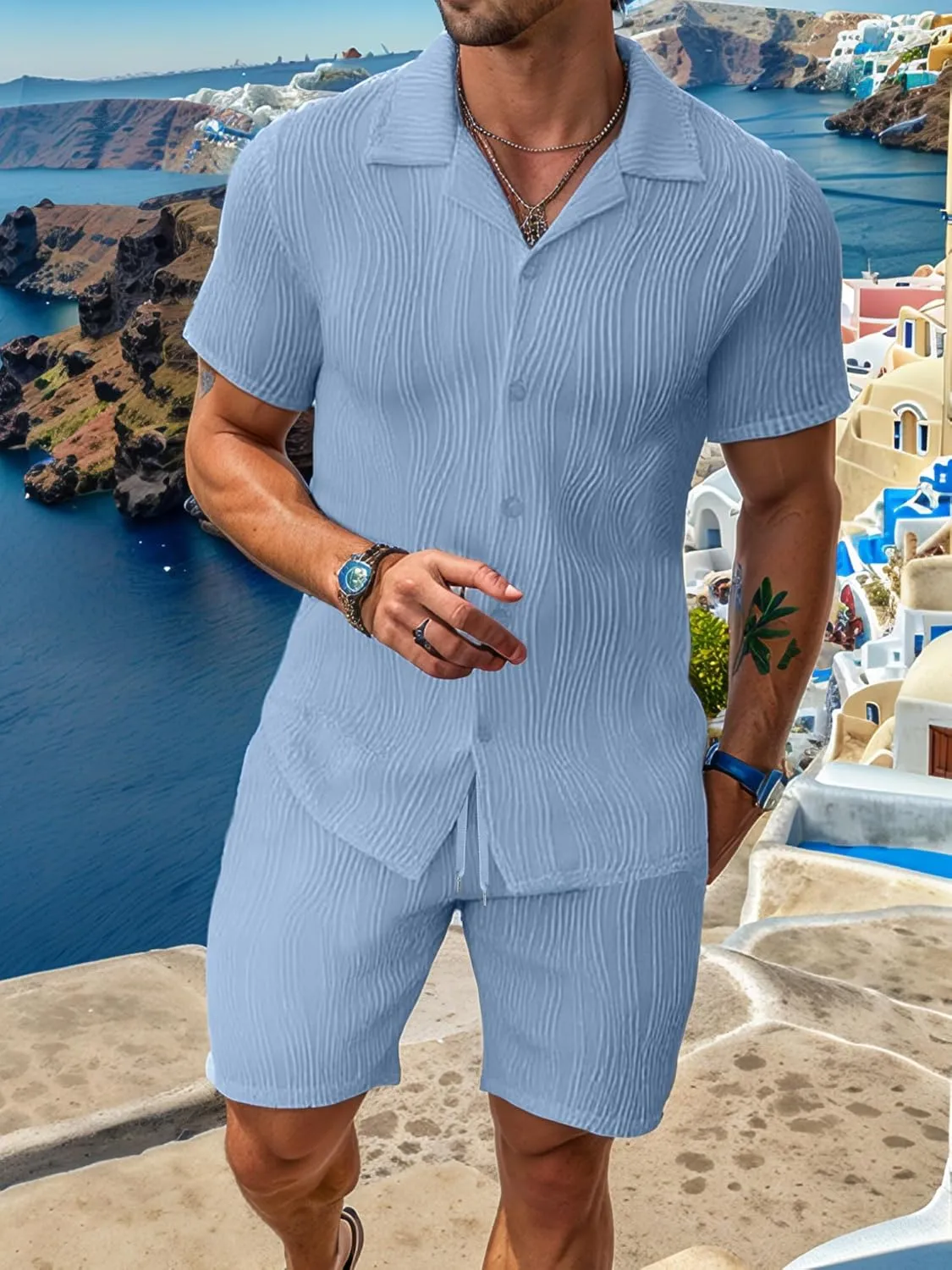UOUA Summer Outfits for Men 2 Piece Short Sleeve Button Down Shirt & Shorts Set Casual Vacation Beach Tracksuit