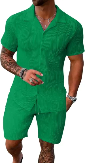 UOUA Summer Outfits for Men 2 Piece Short Sleeve Button Down Shirt & Shorts Set Casual Vacation Beach Tracksuit