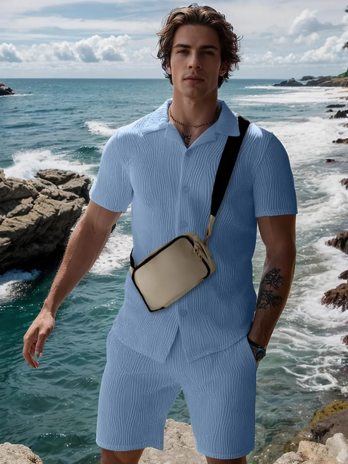 UOUA Summer Outfits for Men 2 Piece Short Sleeve Button Down Shirt & Shorts Set Casual Vacation Beach Tracksuit
