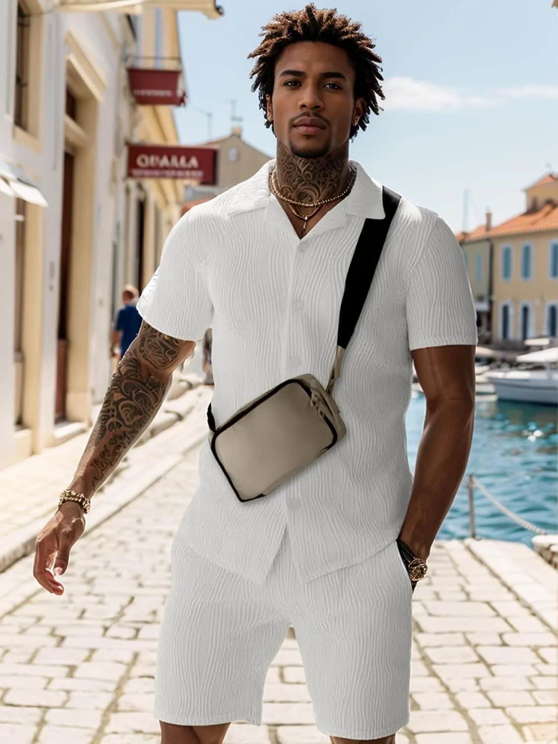 UOUA Summer Outfits for Men 2 Piece Short Sleeve Button Down Shirt & Shorts Set Casual Vacation Beach Tracksuit
