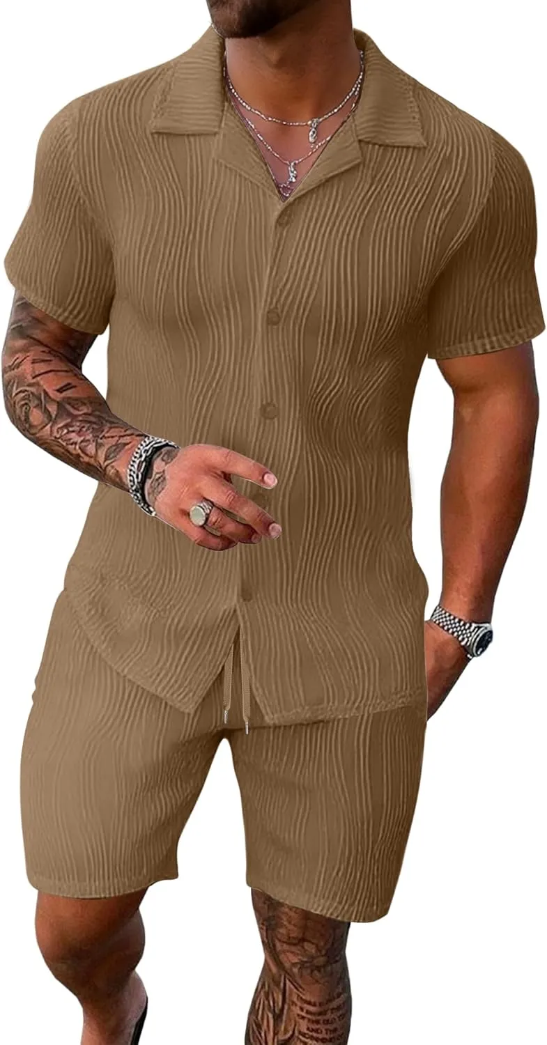 UOUA Summer Outfits for Men 2 Piece Short Sleeve Button Down Shirt & Shorts Set Casual Vacation Beach Tracksuit