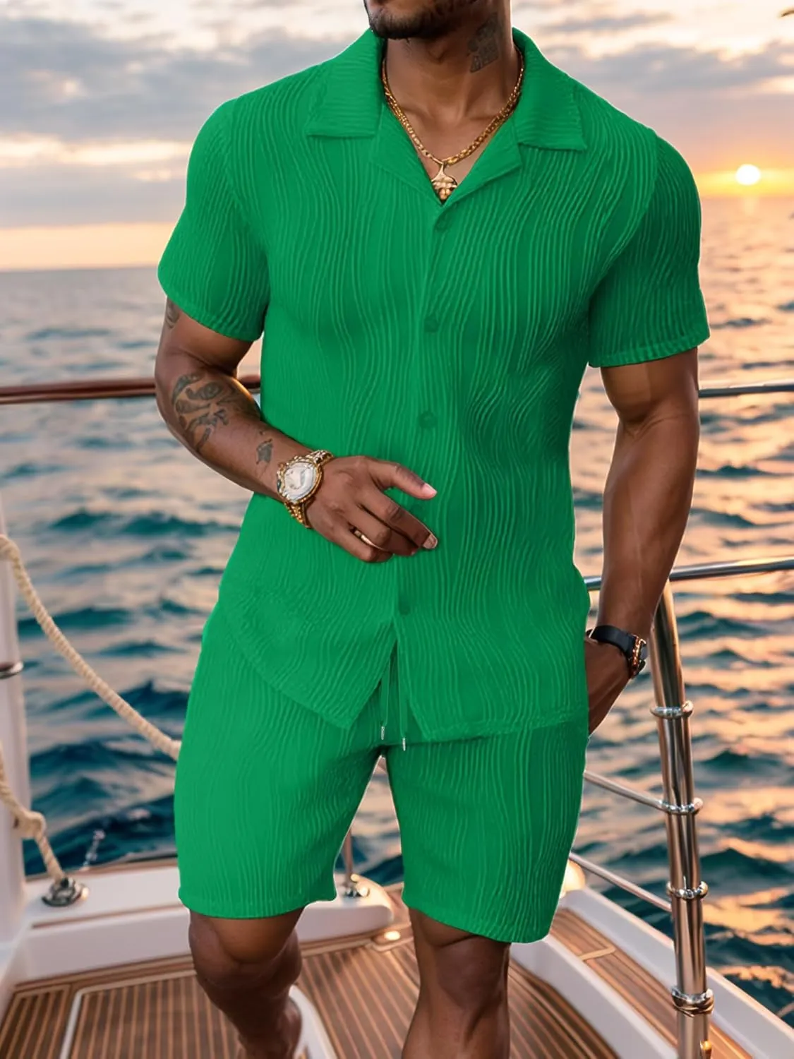 UOUA Summer Outfits for Men 2 Piece Short Sleeve Button Down Shirt & Shorts Set Casual Vacation Beach Tracksuit