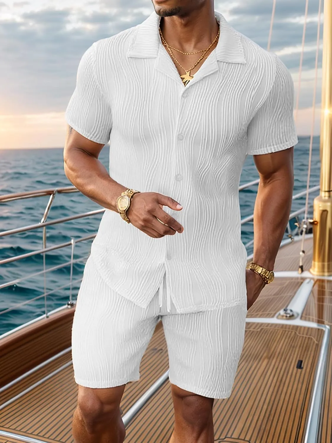 UOUA Summer Outfits for Men 2 Piece Short Sleeve Button Down Shirt & Shorts Set Casual Vacation Beach Tracksuit