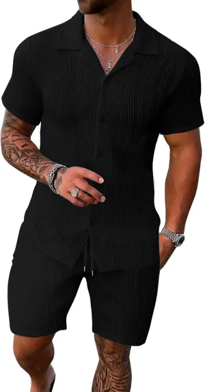 UOUA Summer Outfits for Men 2 Piece Short Sleeve Button Down Shirt & Shorts Set Casual Vacation Beach Tracksuit