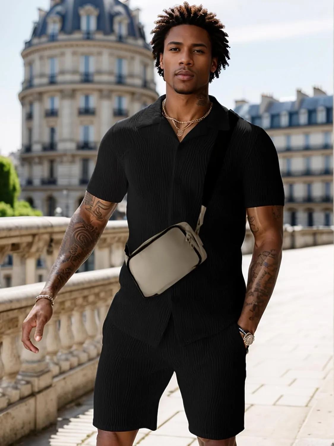 UOUA Summer Outfits for Men 2 Piece Short Sleeve Button Down Shirt & Shorts Set Casual Vacation Beach Tracksuit