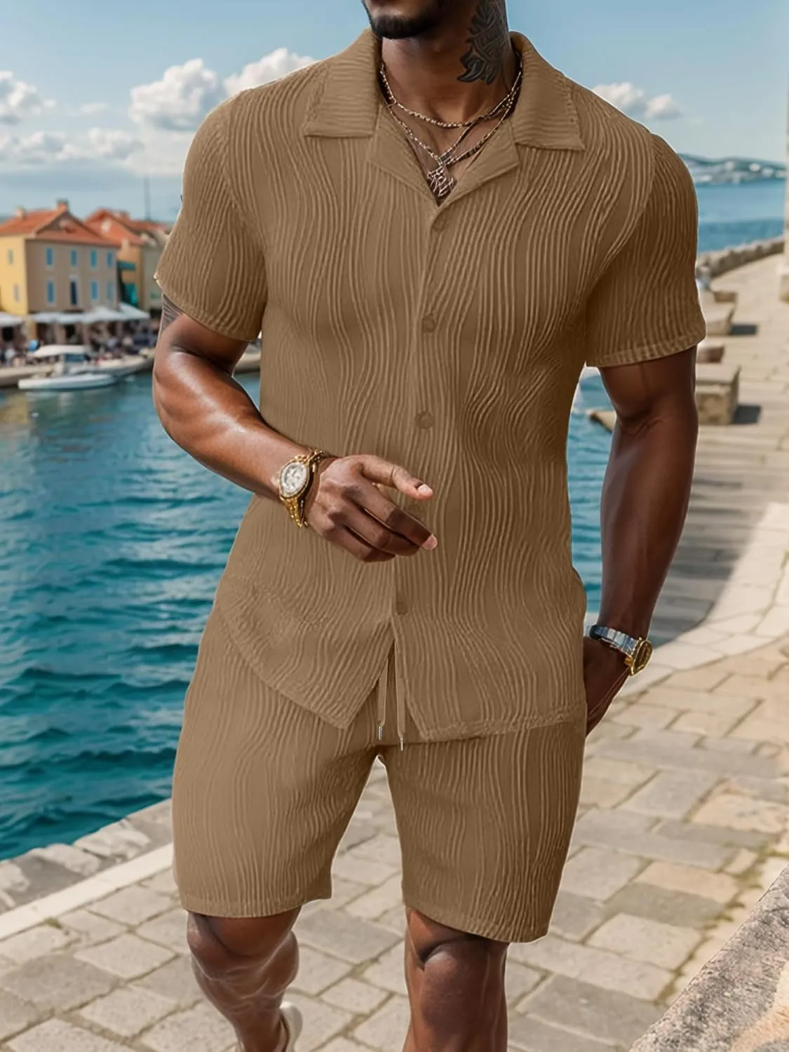 UOUA Summer Outfits for Men 2 Piece Short Sleeve Button Down Shirt & Shorts Set Casual Vacation Beach Tracksuit