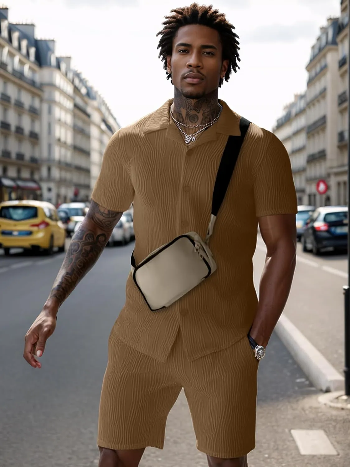 UOUA Summer Outfits for Men 2 Piece Short Sleeve Button Down Shirt & Shorts Set Casual Vacation Beach Tracksuit