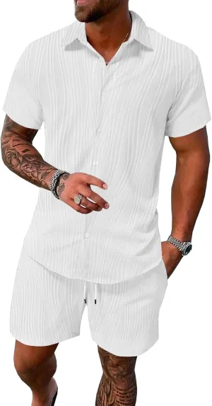 UOUA Summer Outfits for Men 2 Piece Short Sleeve Button Down Shirt & Shorts Set Casual Vacation Beach Tracksuit