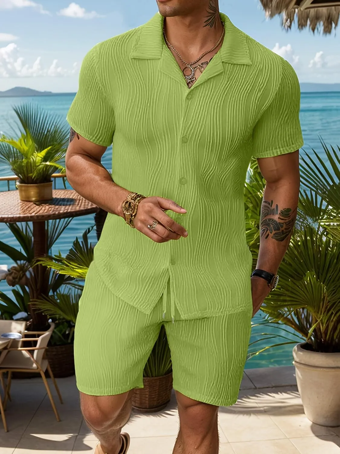 UOUA Summer Outfits for Men 2 Piece Short Sleeve Button Down Shirt & Shorts Set Casual Vacation Beach Tracksuit