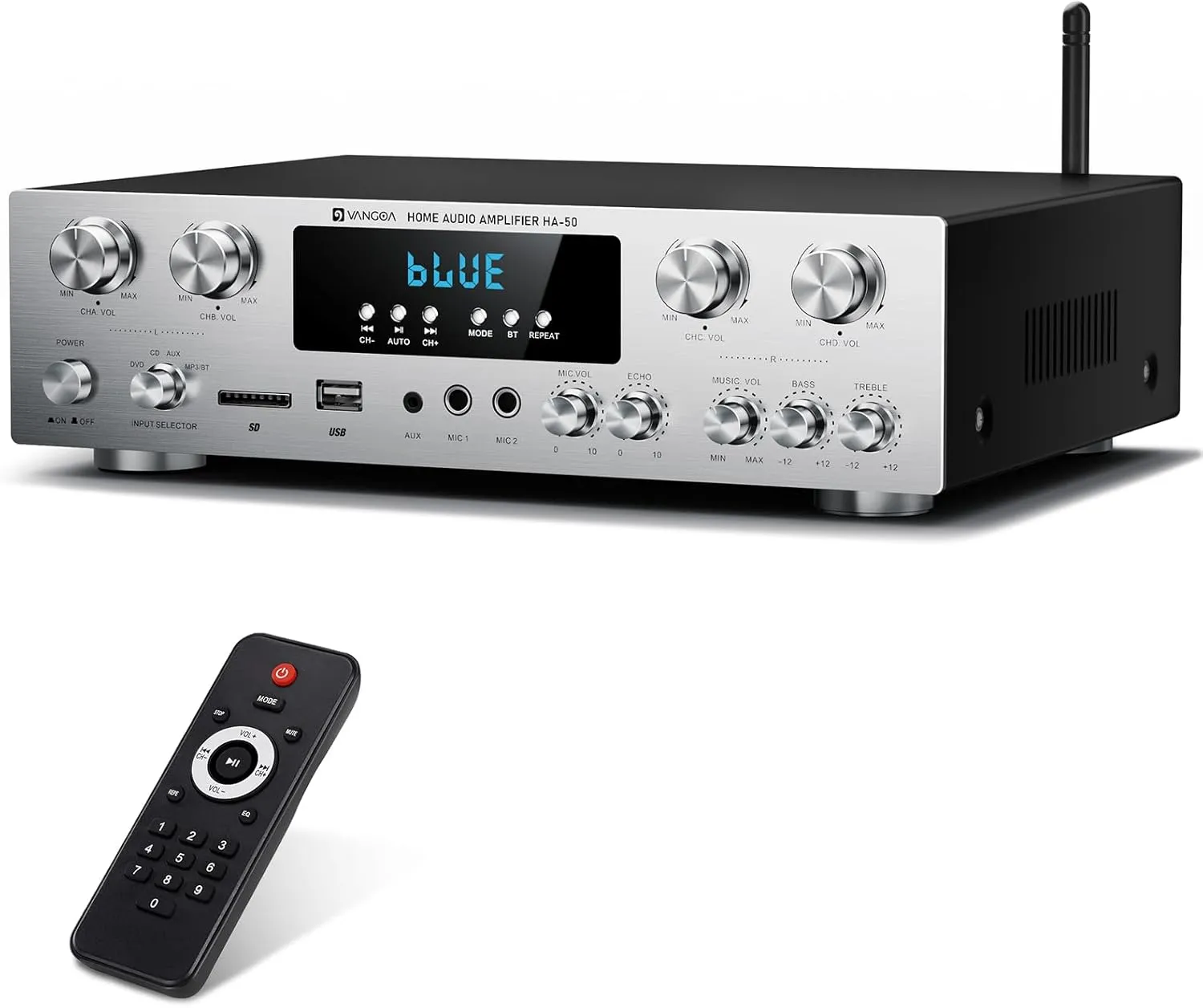 Vangoa Amplifier Home Audio 4 Channel, 440 Watt Wireless Stereo Receiver House Theater Sound Power Amplifiers Speaker Karaoke Amp w/Remote Control, USB/SD/2 Mic-in Echo/EQ/LED/AUX/FM for Studio Office