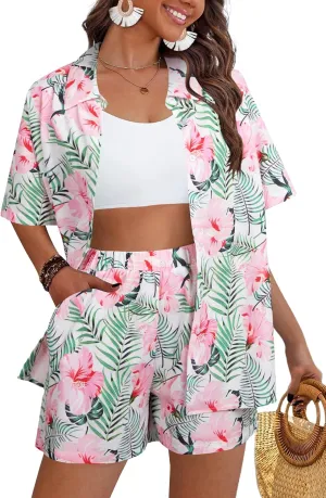 VILOVE Beach Sets Women 2 Piece Outfits Tropical Floral Print Matching Hawaiian Shirts and Shorts Set Casual Summer Beachwear