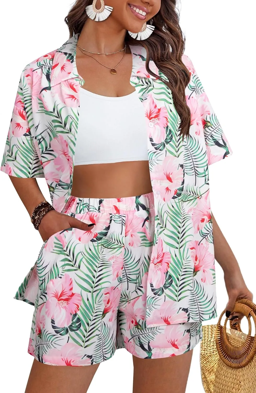 VILOVE Beach Sets Women 2 Piece Outfits Tropical Floral Print Matching Hawaiian Shirts and Shorts Set Casual Summer Beachwear