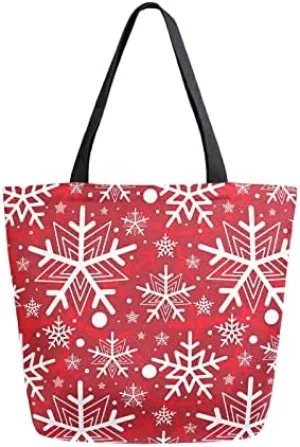 Winter Snowflakes Large Canvas Tote Bag Heavy Duty Grocery Bag, Christmas Red Women Casual Shoulder Bag Pocket Reusable Handbags for Travel Beach School Nursing Gift