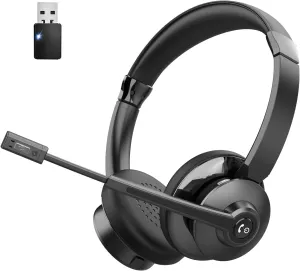 Wireless HeadsetBluetooth Headset with Microphone Noise Cancellation Wireless Headphones with USB Dongle Connection and Microphone Mute for PC/Laptop/Smartphone/Teams/Home