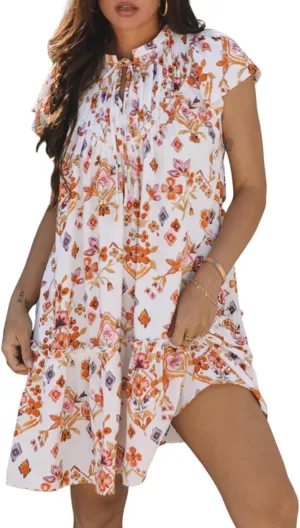 Women Floral Print Mini Dress Summer Geometric Ruffle Tie Front Short Sleeve Dresses Vacation Beach Babydoll Dress