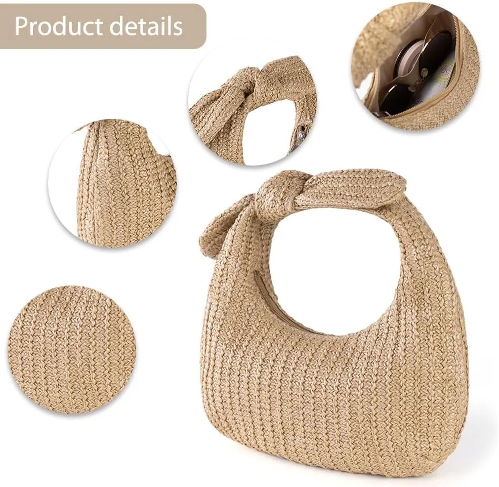 Women Knotted Straw Clutch Purse with Dumpling Evening Clutch Zipper Closure Woven Clutch Bag for Formal Party We