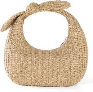 Women Knotted Straw Clutch Purse with Summer Beach Handbag Zipper Closure Straw Banquet Bag for Formal Party Weddin