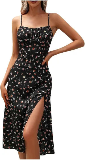 Women Polka Dot Sundresses Spaghetti Strap Summer Floral Dresses Slim Fit Side Slit Midi Dress Sexy A Line Beach Dress