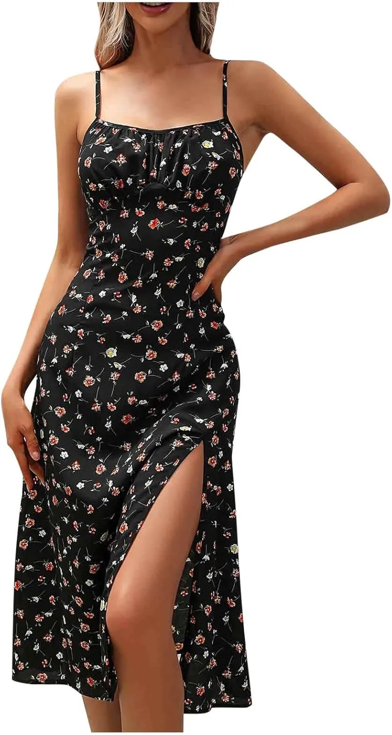 Women Polka Dot Sundresses Spaghetti Strap Summer Floral Dresses Slim Fit Side Slit Midi Dress Sexy A Line Beach Dress