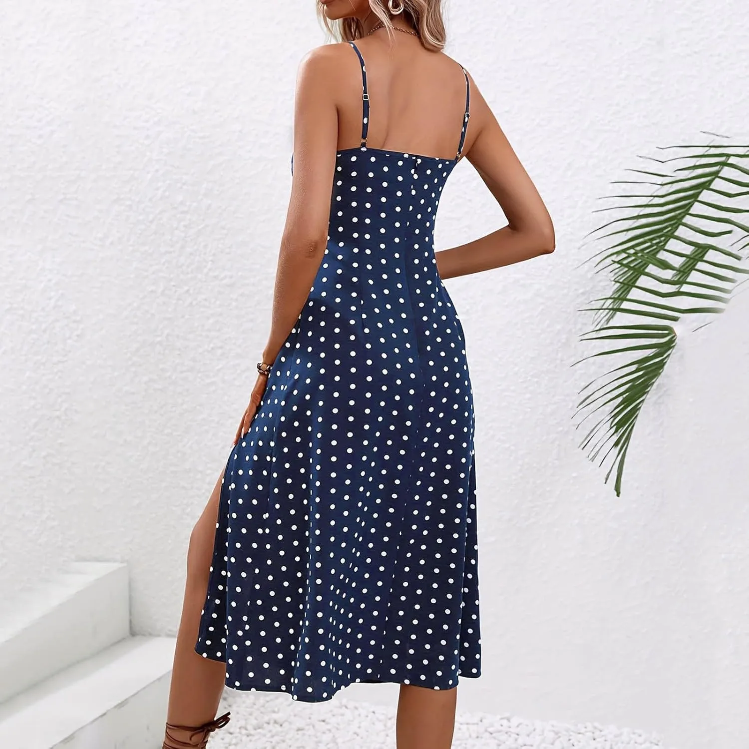 Women Polka Dot Sundresses Spaghetti Strap Summer Floral Dresses Slim Fit Side Slit Midi Dress Sexy A Line Beach Dress