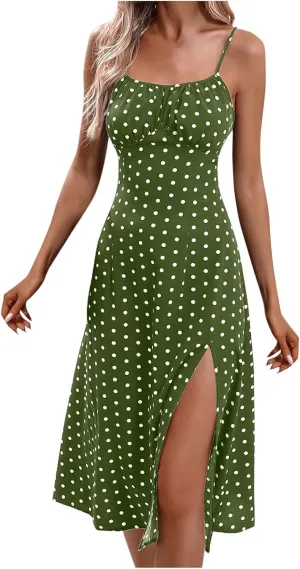 Women Polka Dot Sundresses Spaghetti Strap Summer Floral Dresses Slim Fit Side Slit Midi Dress Sexy A Line Beach Dress