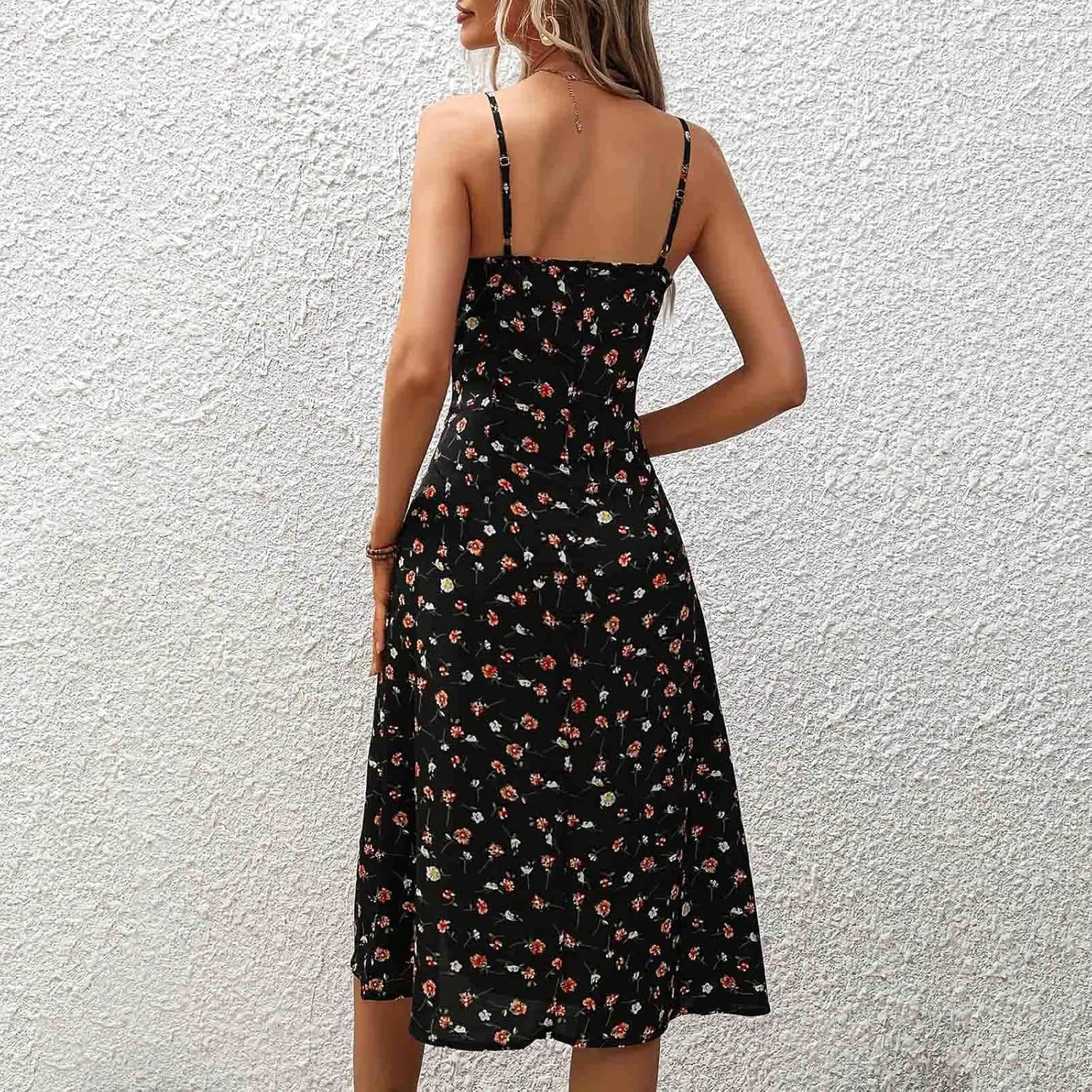 Women Polka Dot Sundresses Spaghetti Strap Summer Floral Dresses Slim Fit Side Slit Midi Dress Sexy A Line Beach Dress