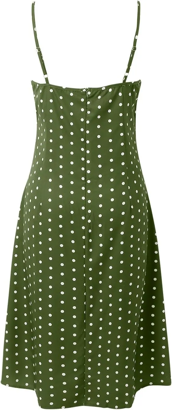 Women Polka Dot Sundresses Spaghetti Strap Summer Floral Dresses Slim Fit Side Slit Midi Dress Sexy A Line Beach Dress