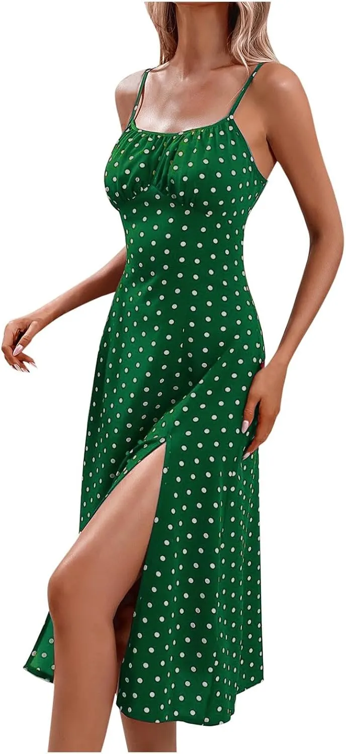 Women Polka Dot Sundresses Spaghetti Strap Summer Floral Dresses Slim Fit Side Slit Midi Dress Sexy A Line Beach Dress