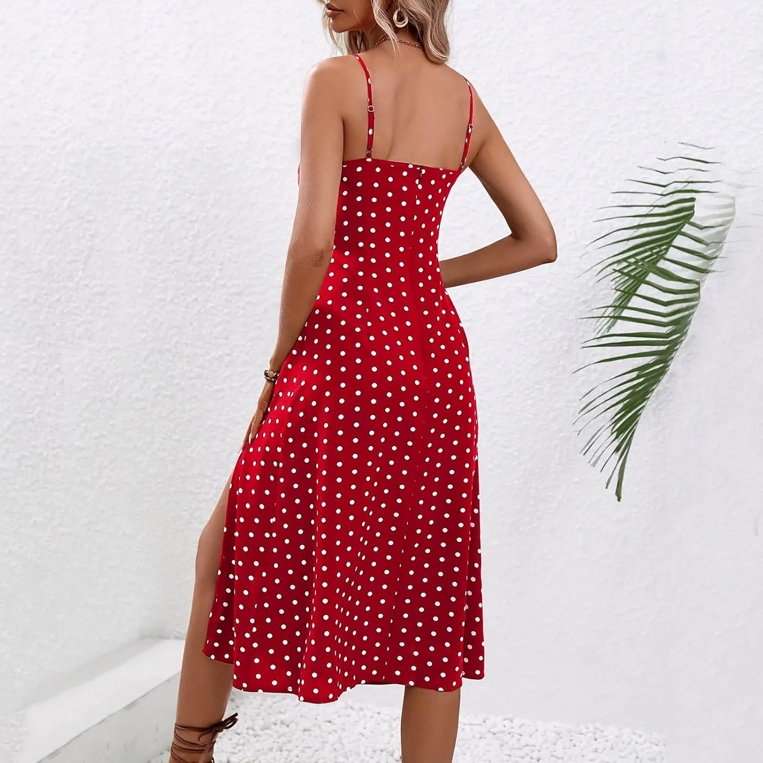 Women Polka Dot Sundresses Spaghetti Strap Summer Floral Dresses Slim Fit Side Slit Midi Dress Sexy A Line Beach Dress