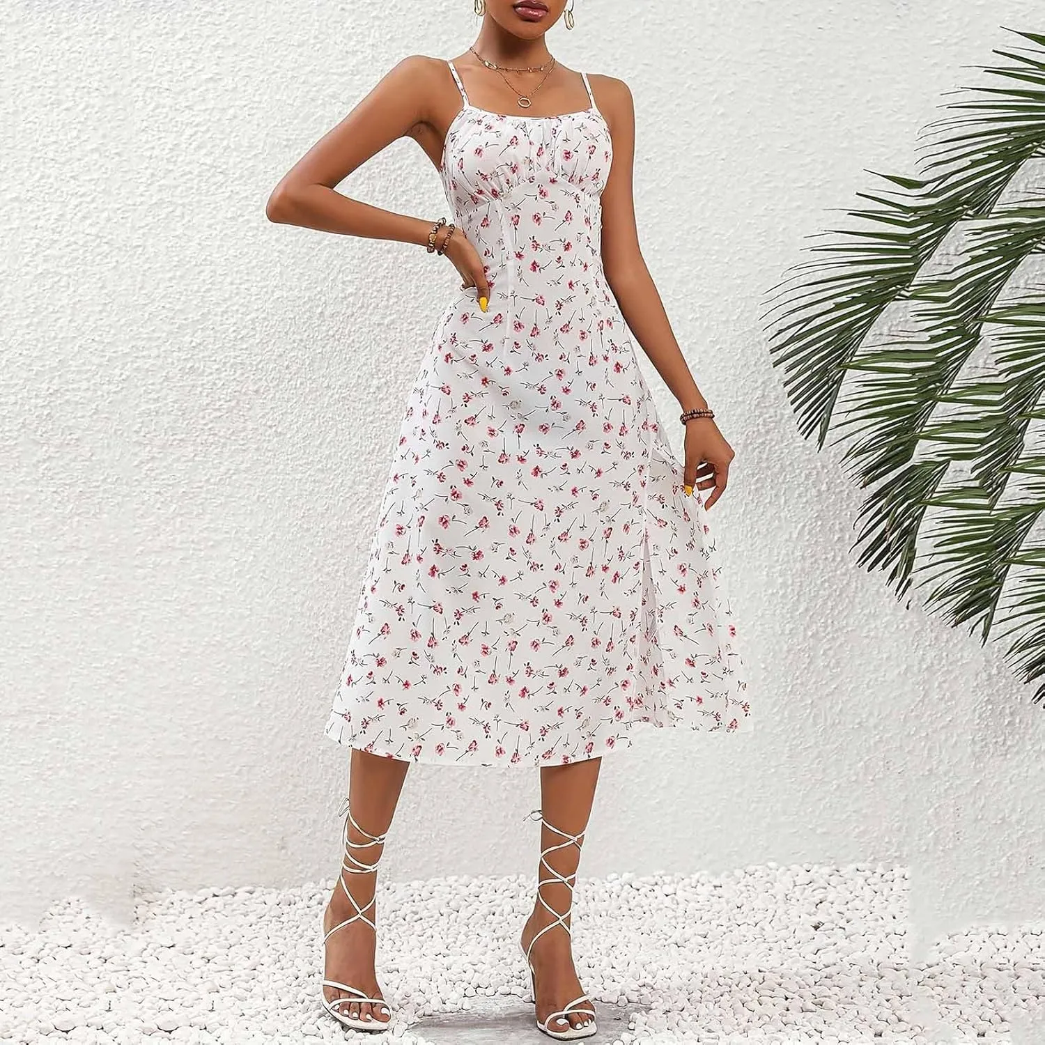 Women Polka Dot Sundresses Spaghetti Strap Summer Floral Dresses Slim Fit Side Slit Midi Dress Sexy A Line Beach Dress