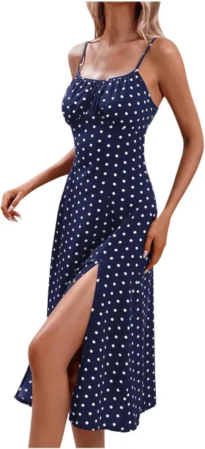Women Polka Dot Sundresses Spaghetti Strap Summer Floral Dresses Slim Fit Side Slit Midi Dress Sexy A Line Beach Dress