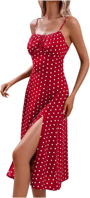 Women Polka Dot Sundresses Spaghetti Strap Summer Floral Dresses Slim Fit Side Slit Midi Dress Sexy A Line Beach Dress