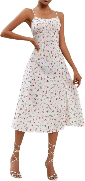 Women Polka Dot Sundresses Spaghetti Strap Summer Floral Dresses Slim Fit Side Slit Midi Dress Sexy A Line Beach Dress